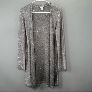 Chicos Cardigan Sweater 2 US L 12 Gray Silver Sequins Open Front Crochet Trim